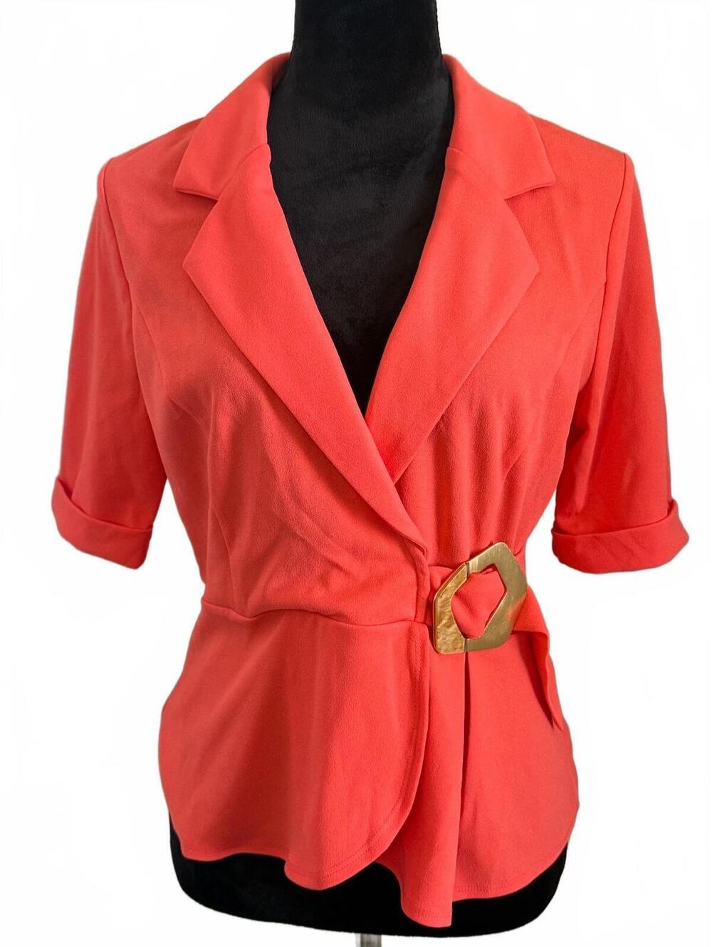 Valentine Coral Pink Short Sleeve Blazer with Gold Buckle Belt Size L